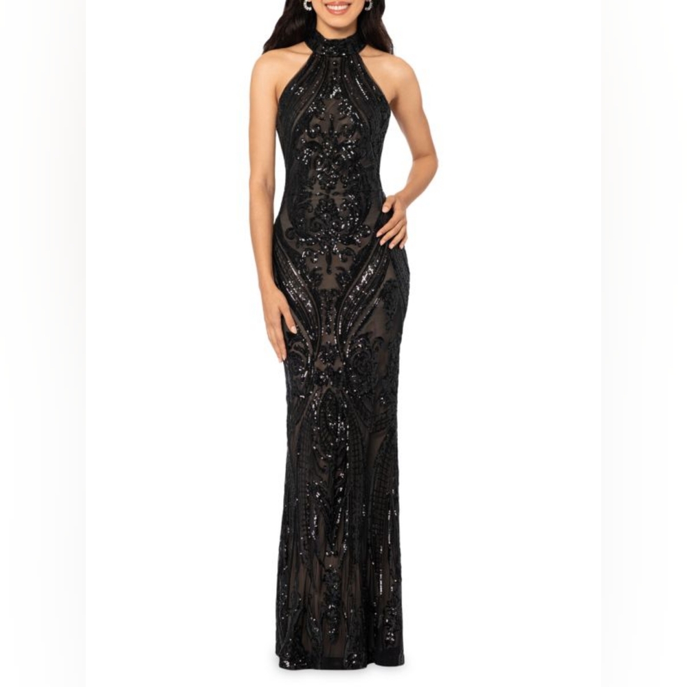 Betsy & Adam Black Strapless Halter Sequin Evening Gown